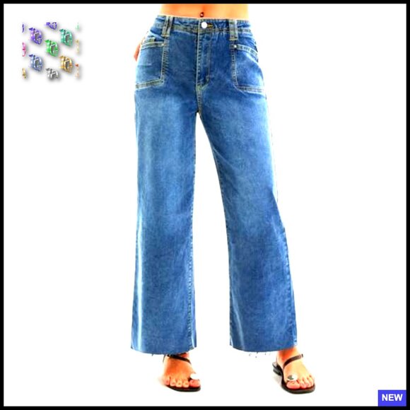 High Waisted Cropped Jeans Stretchy Baggy Straight Leg Raw Hem Denim Pants - Picture 6 of 6